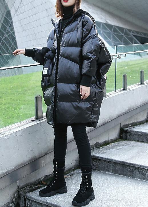fine black winter outwear plus size Coats hooded zippered overcoat - SooLinen