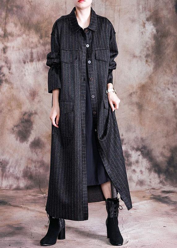 fine black woolen overcoat oversize Coats fall women coats striped - SooLinen