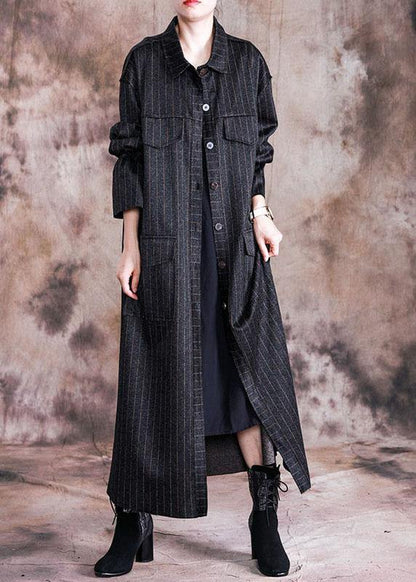 fine black woolen overcoat oversize Coats fall women coats striped - SooLinen