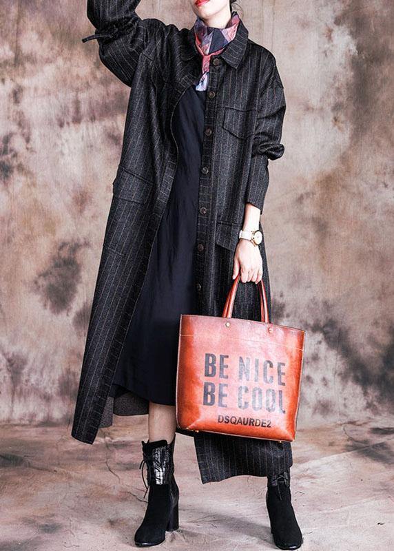 fine black woolen overcoat oversize Coats fall women coats striped - SooLinen