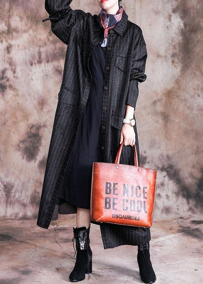 fine black woolen overcoat oversize Coats fall women coats striped - SooLinen
