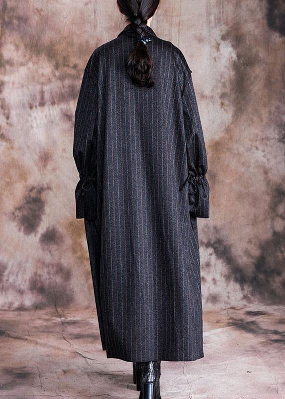 fine black woolen overcoat oversize Coats fall women coats striped - SooLinen