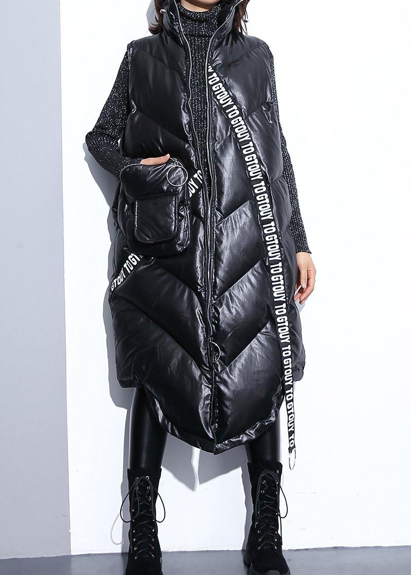 fine black zippered Parkas trendy plus size warm winter coat sleeveless overcoat low high design - SooLinen