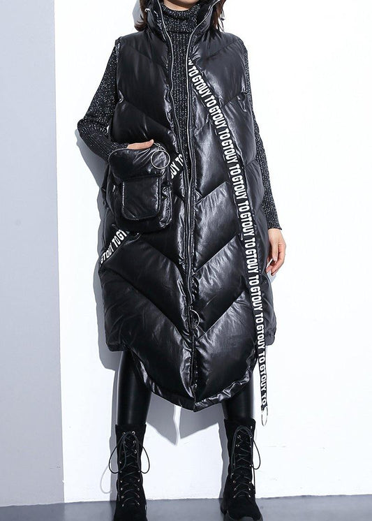 fine black zippered Parkas trendy plus size warm winter coat sleeveless overcoat low high design - SooLinen