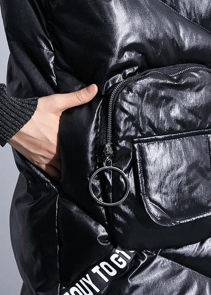 fine black zippered Parkas trendy plus size warm winter coat sleeveless overcoat low high design - SooLinen