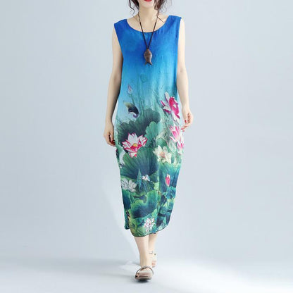 feines blaues florales langes Baumwollkleid plussize ärmellose lange Baumwollkleider Boutique seitlich offene Baumwollkleidungskleider