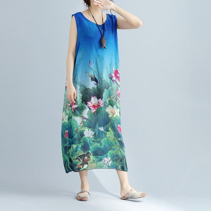 feines blaues florales langes Baumwollkleid plussize ärmellose lange Baumwollkleider Boutique seitlich offene Baumwollkleidungskleider