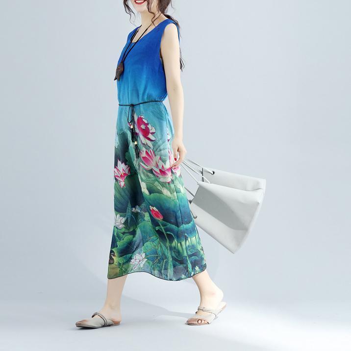 feines blaues florales langes Baumwollkleid plussize ärmellose lange Baumwollkleider Boutique seitlich offene Baumwollkleidungskleider