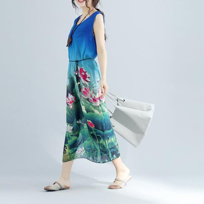 feines blaues florales langes Baumwollkleid plussize ärmellose lange Baumwollkleider Boutique seitlich offene Baumwollkleidungskleider