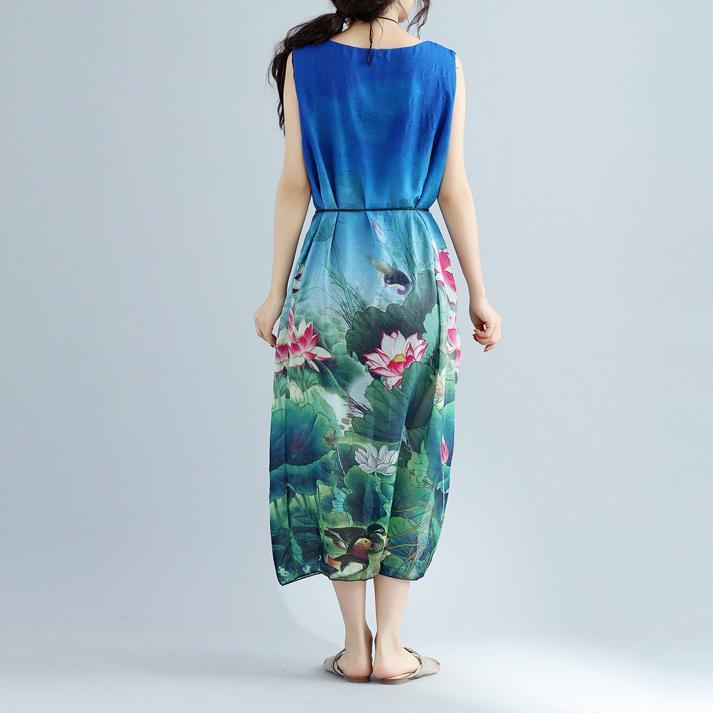 feines blaues florales langes Baumwollkleid plussize ärmellose lange Baumwollkleider Boutique seitlich offene Baumwollkleidungskleider