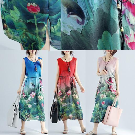feines blaues florales langes Baumwollkleid plussize ärmellose lange Baumwollkleider Boutique seitlich offene Baumwollkleidungskleider