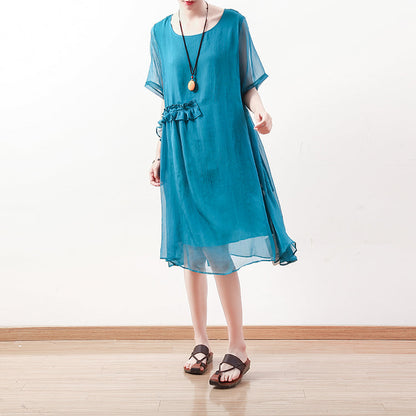 feine blaugrüne Midi-Chiffonkleider Übergrößen-Kleidung Chiffon-Maxikleid 2018 O-Ausschnitt asymmetrisches Rüschen-Baumwollkleid