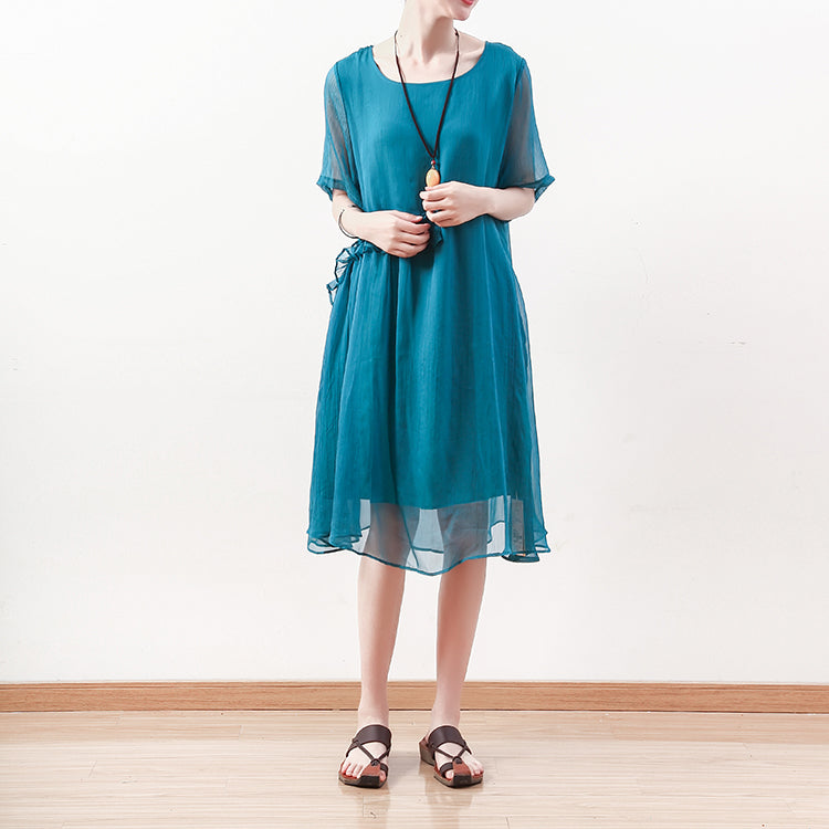 feine blaugrüne Midi-Chiffonkleider Übergrößen-Kleidung Chiffon-Maxikleid 2018 O-Ausschnitt asymmetrisches Rüschen-Baumwollkleid