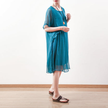 feine blaugrüne Midi-Chiffonkleider Übergrößen-Kleidung Chiffon-Maxikleid 2018 O-Ausschnitt asymmetrisches Rüschen-Baumwollkleid
