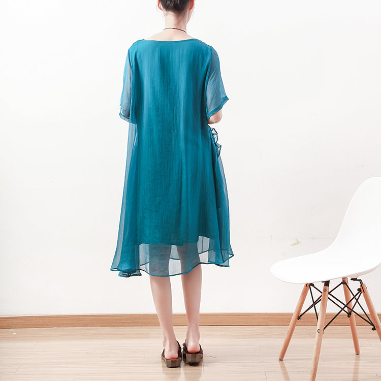 feine blaugrüne Midi-Chiffonkleider Übergrößen-Kleidung Chiffon-Maxikleid 2018 O-Ausschnitt asymmetrisches Rüschen-Baumwollkleid