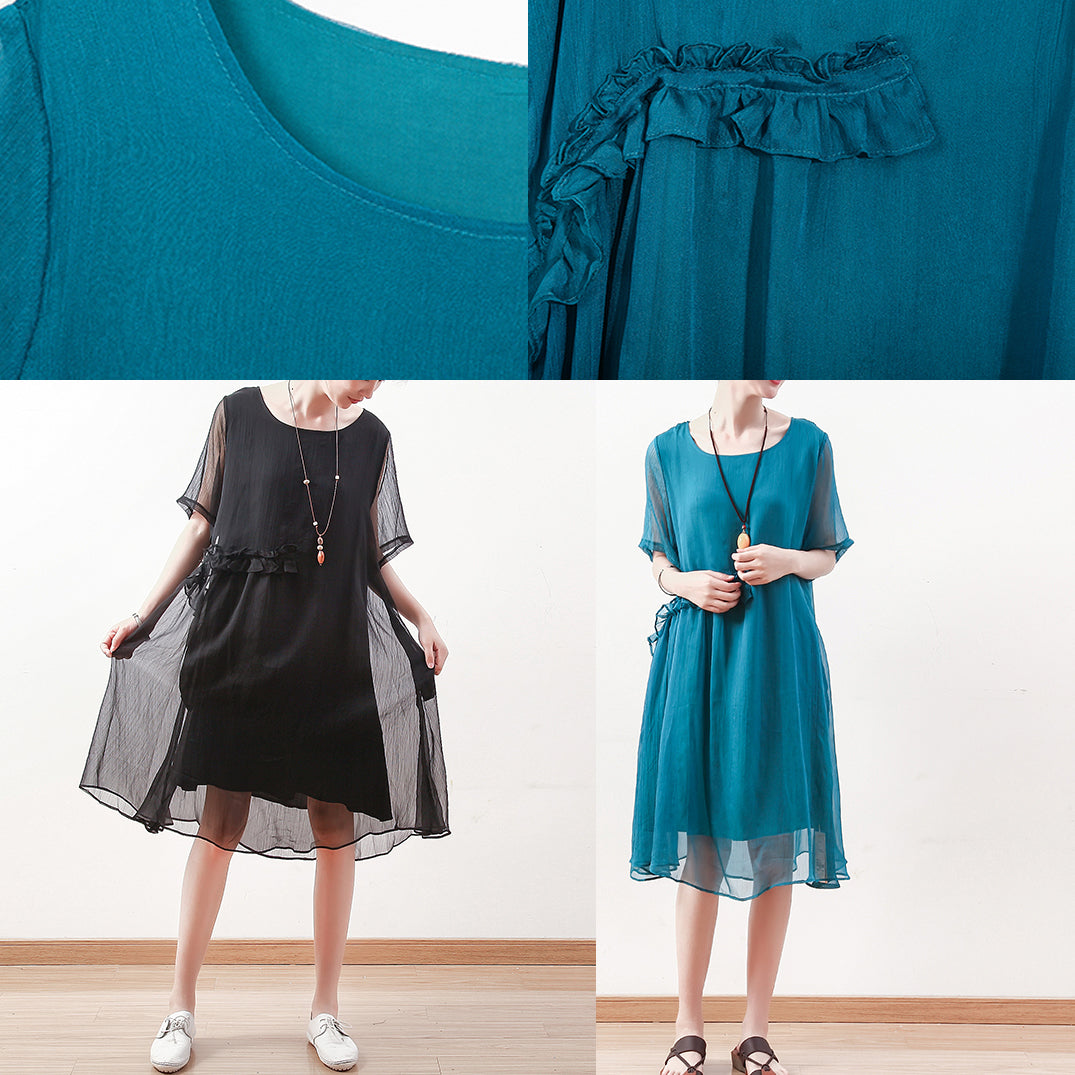feine blaugrüne Midi-Chiffonkleider Übergrößen-Kleidung Chiffon-Maxikleid 2018 O-Ausschnitt asymmetrisches Rüschen-Baumwollkleid