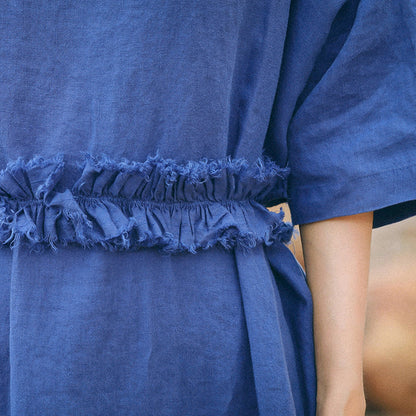 feine blaue Leinenkaftane Übergrößen-Kleidung O-Ausschnitt Baggy-Kleider Leinenkleidung Kleider Damen Halbarm-Leinenkleider