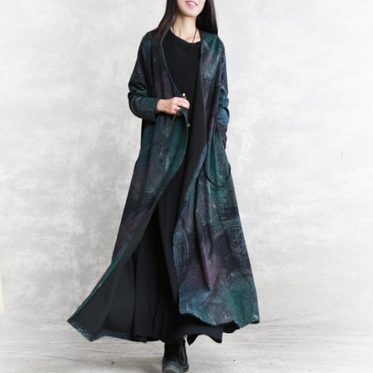Feines Herbstkleid mit blauem Aufdruck, trendige Tunika-Kaftane in Übergröße mit V-Ausschnitt und Taillenbund, feine Maxikleider mit langen Ärmeln und Taschen