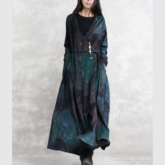 Feines Herbstkleid mit blauem Aufdruck, trendige Tunika-Kaftane in Übergröße mit V-Ausschnitt und Taillenbund, feine Maxikleider mit langen Ärmeln und Taschen