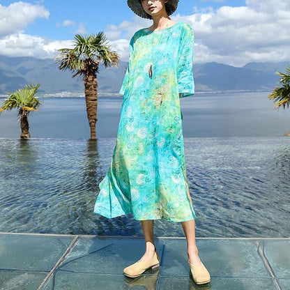 feines blaues Leinenkleid mit O-Ausschnitt in Übergröße, Baggy-Kleider, neue Kleider mit Dreiviertelärmeln