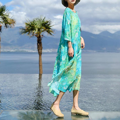 feines blaues Leinenkleid mit O-Ausschnitt in Übergröße, Baggy-Kleider, neue Kleider mit Dreiviertelärmeln