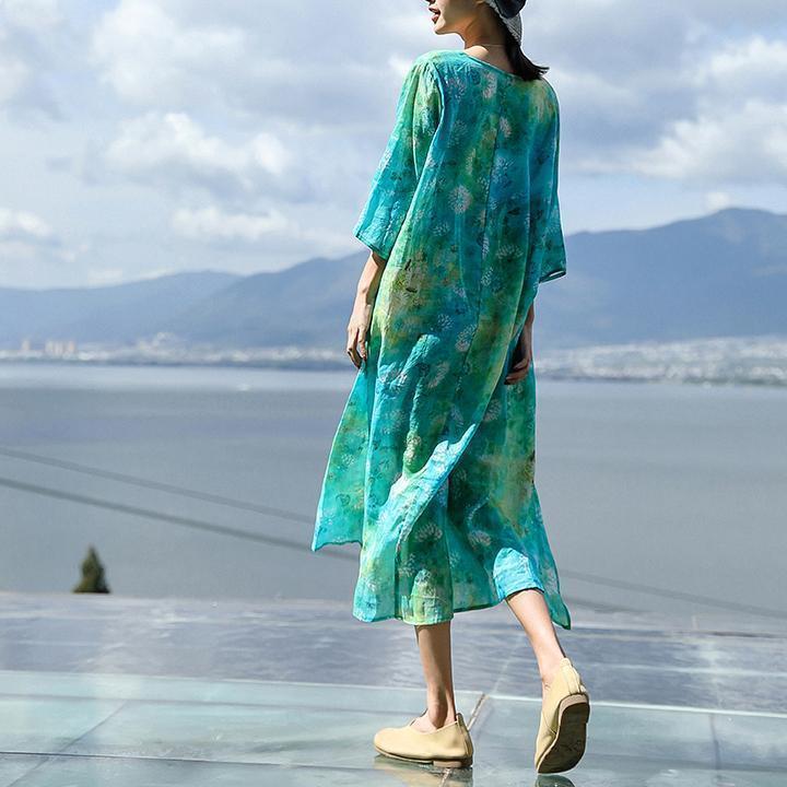 feines blaues Leinenkleid mit O-Ausschnitt in Übergröße, Baggy-Kleider, neue Kleider mit Dreiviertelärmeln