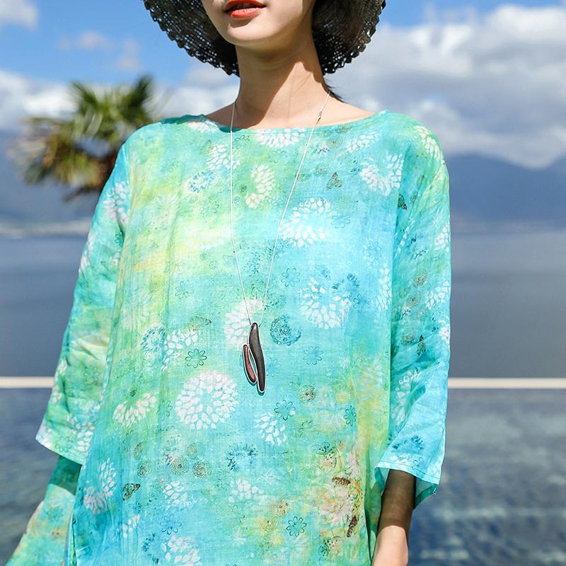 feines blaues Leinenkleid mit O-Ausschnitt in Übergröße, Baggy-Kleider, neue Kleider mit Dreiviertelärmeln