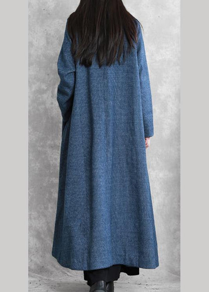 fine blue wool overcoat Loose fitting stand collar Chinese Button long coats - SooLinen