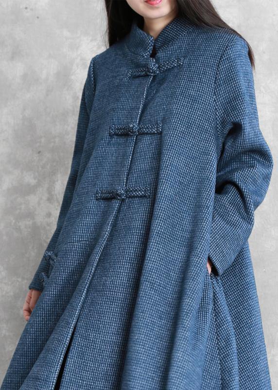 fine blue wool overcoat Loose fitting stand collar Chinese Button long coats - SooLinen