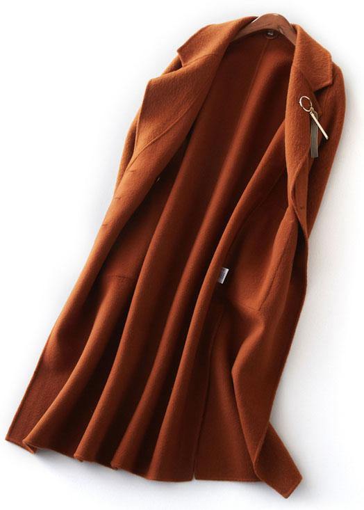 fine brown Woolen Coats plus size clothing maxi side open Notched coat - SooLinen
