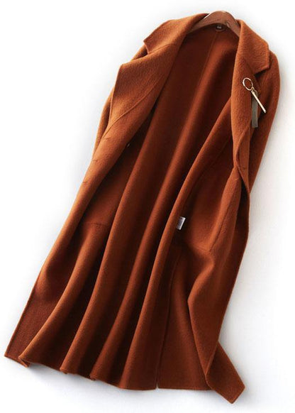 fine brown Woolen Coats plus size clothing maxi side open Notched coat - SooLinen