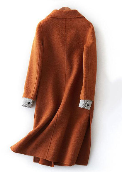 fine brown Woolen Coats plus size clothing maxi side open Notched coat - SooLinen