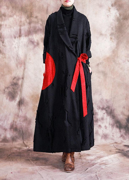 fine casual fall women coats black turn-down collar tie waist overcoat - SooLinen