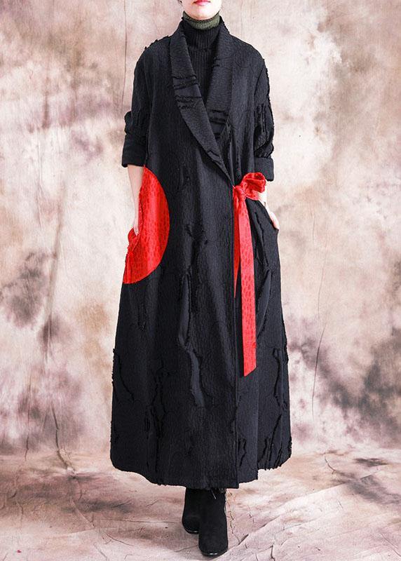 fine casual fall women coats black turn-down collar tie waist overcoat - SooLinen