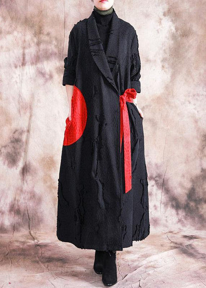 fine casual fall women coats black turn-down collar tie waist overcoat - SooLinen