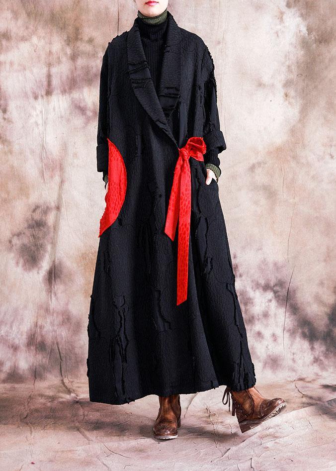 fine casual fall women coats black turn-down collar tie waist overcoat - SooLinen