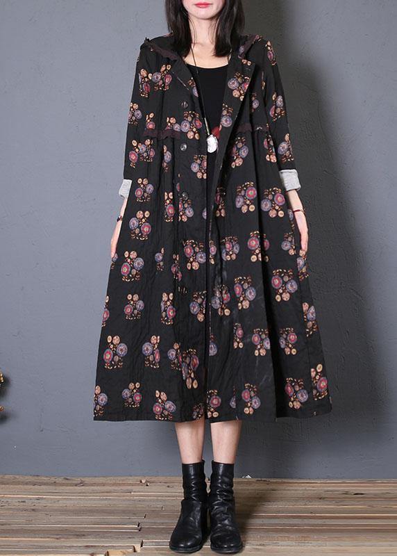 fine casual long coat fall black print hooded Cinched overcoat - SooLinen