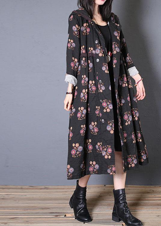 fine casual long coat fall black print hooded Cinched overcoat - SooLinen