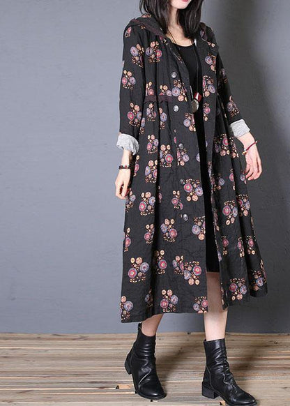 fine casual long coat fall black print hooded Cinched overcoat - SooLinen