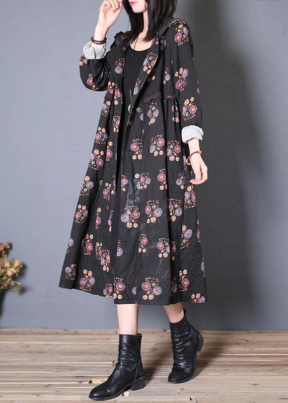 fine casual long coat fall black print hooded Cinched overcoat - SooLinen