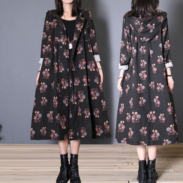 fine casual long coat fall black print hooded Cinched overcoat - SooLinen