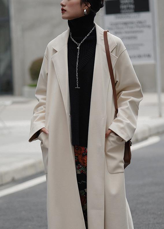 casual long jackets coats nude Notched tie waist Woolen Coat Women - SooLinen