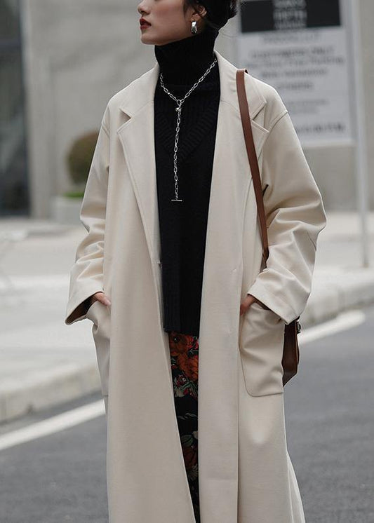 casual long jackets coats nude Notched tie waist Woolen Coat Women - SooLinen