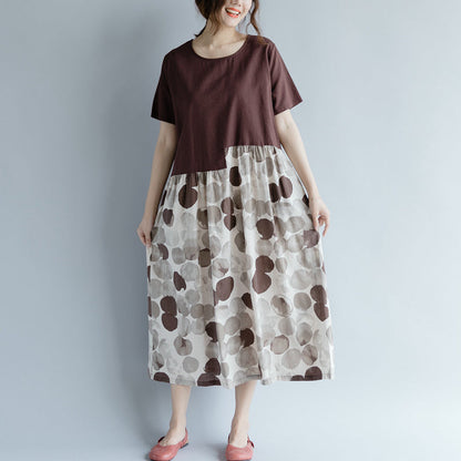 feine schokoladenbraune Baumwoll-Leinen-Kleider, Oversize-Kurzarm-Print, Patchwork-Baumwoll-Leinen-Kleid, Vintage-Kleid mit Rundhalsausschnitt