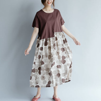 feine schokoladenbraune Baumwoll-Leinen-Kleider, Oversize-Kurzarm-Print, Patchwork-Baumwoll-Leinen-Kleid, Vintage-Kleid mit Rundhalsausschnitt
