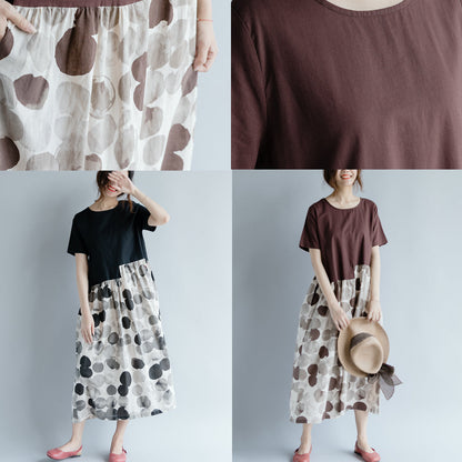 feine schokoladenbraune Baumwoll-Leinen-Kleider, Oversize-Kurzarm-Print, Patchwork-Baumwoll-Leinen-Kleid, Vintage-Kleid mit Rundhalsausschnitt