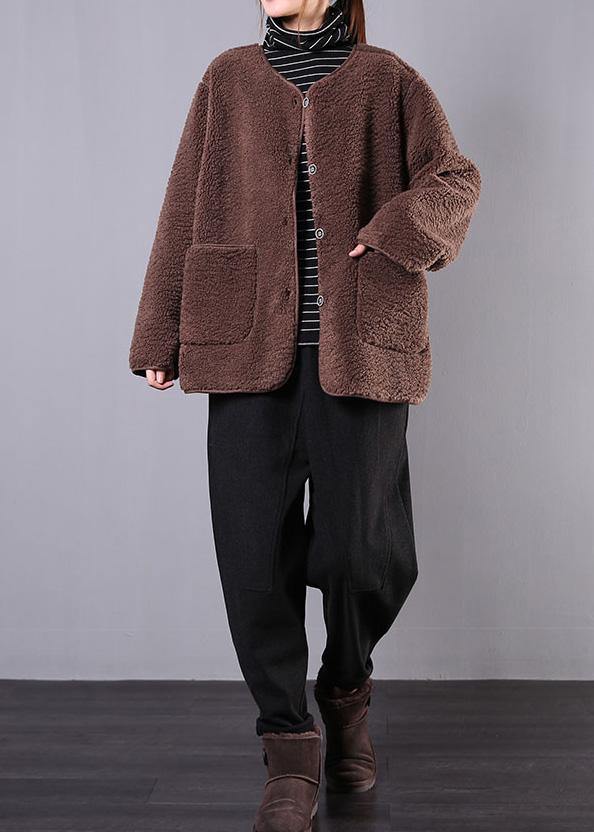 fine coat jacket chocolate o neck Button Wool jackets - SooLinen