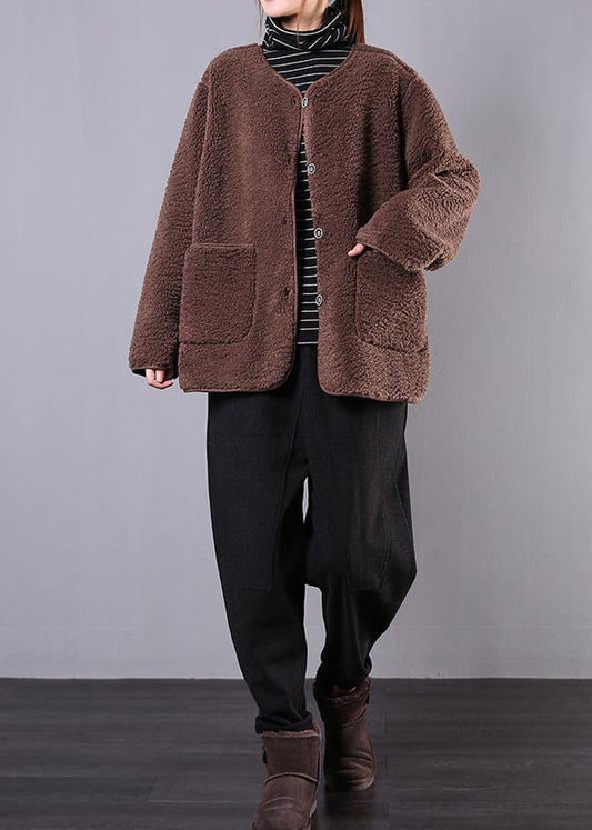 fine coat jacket chocolate o neck Button Wool jackets - SooLinen