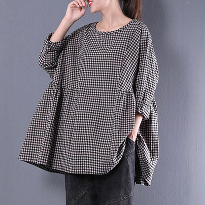 Blusen aus feiner Baumwollmischung im Oversize-Stil, lässig, Rundhalsausschnitt, langärmlig, Frühlings-Gitterhemd