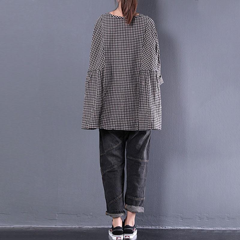 Blusen aus feiner Baumwollmischung im Oversize-Stil, lässig, Rundhalsausschnitt, langärmlig, Frühlings-Gitterhemd